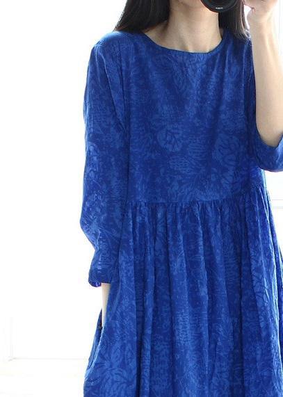 Women O Neck Cinched Tunics Photography Blue Kaftan Dresses - SooLinen