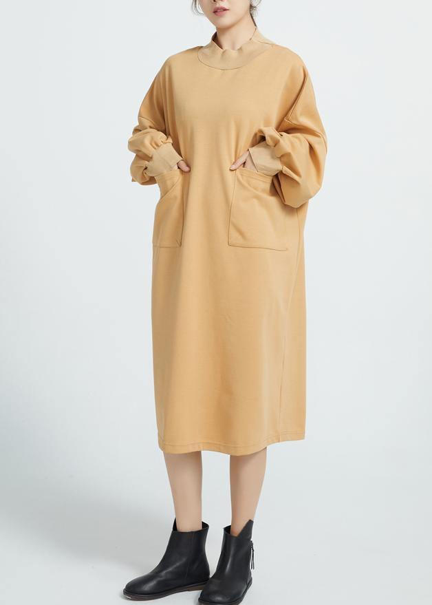 Women O Neck Cotton Spring Dresses Sleeve Camel Color Dresses - SooLinen
