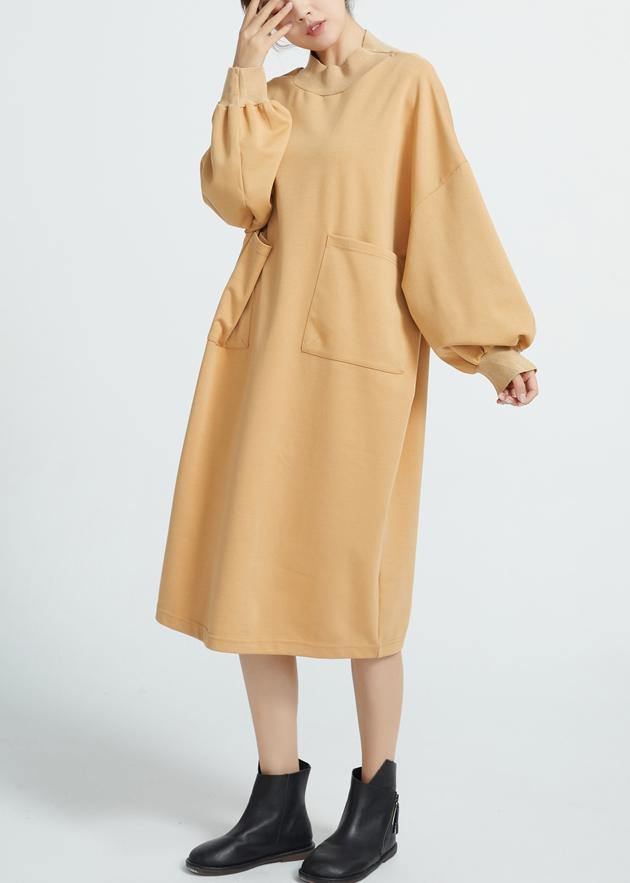 Women O Neck Cotton Spring Dresses Sleeve Camel Color Dresses - SooLinen