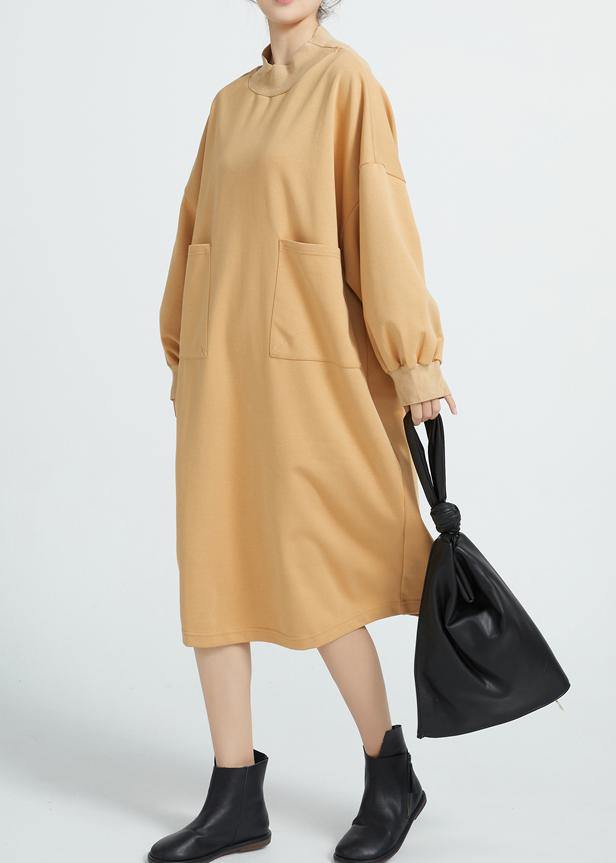 Women O Neck Cotton Spring Dresses Sleeve Camel Color Dresses - SooLinen