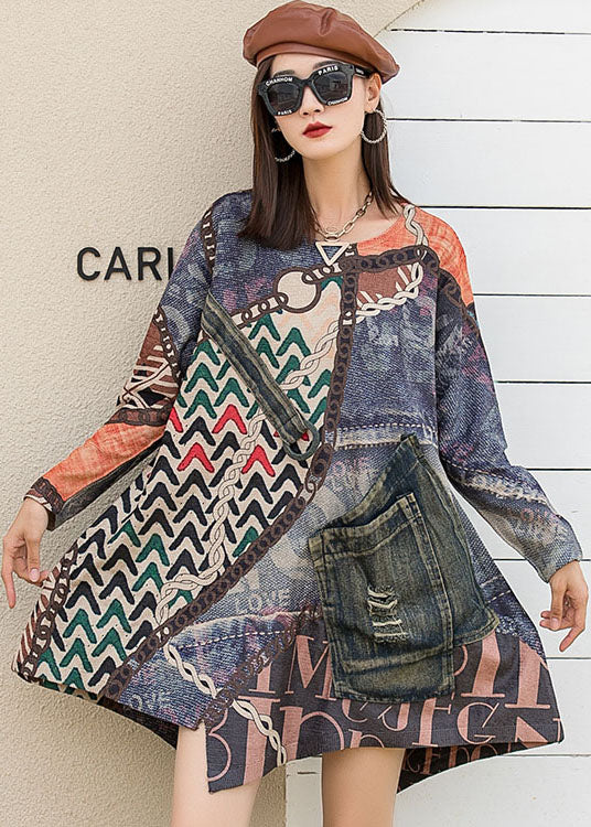 Damen O-Ausschnitt Patchwork Asymmetrisches Design Print Herbst Strick Langarm Top