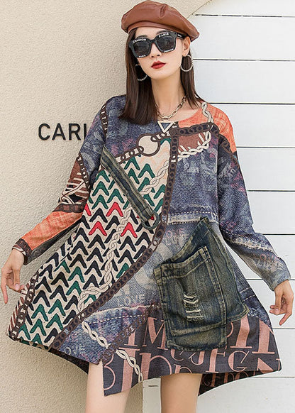 Damen O-Ausschnitt Patchwork Asymmetrisches Design Print Herbst Strick Langarm Top