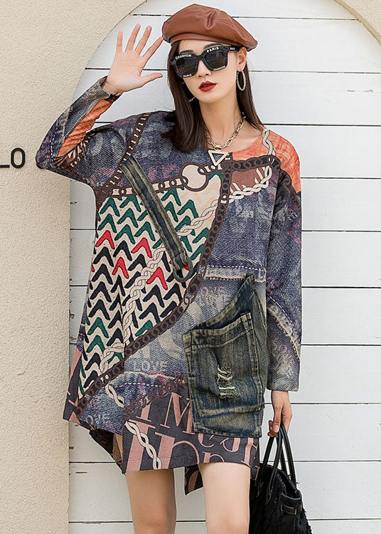 Damen O-Ausschnitt Patchwork Asymmetrisches Design Print Herbst Strick Langarm Top