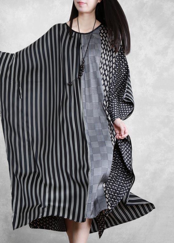 Women O Neck Patchwork Spring Clothes Pattern Black Striped A Line Dress - SooLinen
