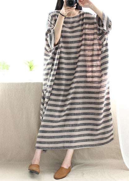 Women O Neck Pockets Runway Striped Dresses - SooLinen
