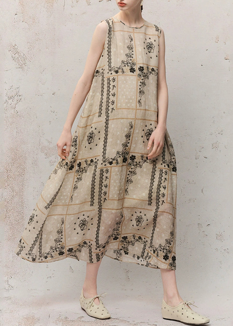 Women O-Neck Print Ramie Maxi Dress Summer