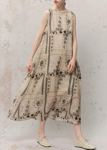 Women O-Neck Print Ramie Maxi Dress Summer
