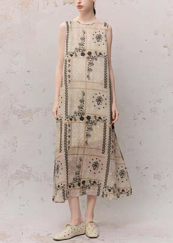 Women O-Neck Print Ramie Maxi Dress Summer