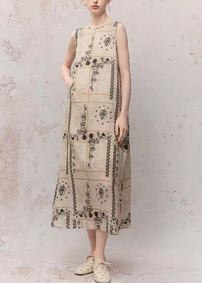 Women O-Neck Print Ramie Maxi Dress Summer