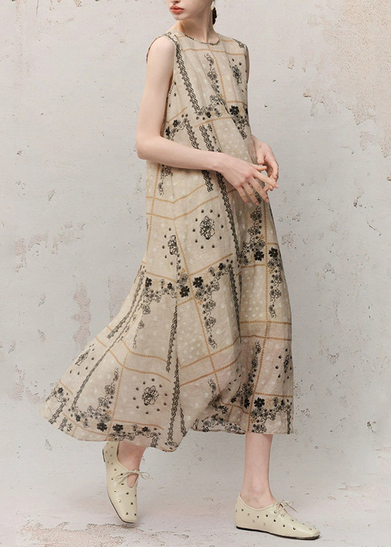 Women O-Neck Print Ramie Maxi Dress Summer