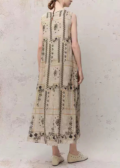 Women O-Neck Print Ramie Maxi Dress Summer