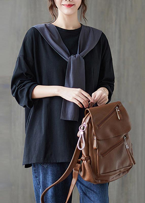 Women O Neck Side Open Spring Clothes Wardrobes Black Shirt - SooLinen