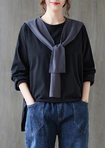 Women O Neck Side Open Spring Clothes Wardrobes Black Shirt - SooLinen