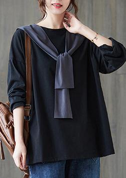 Women O Neck Side Open Spring Clothes Wardrobes Black Shirt - SooLinen