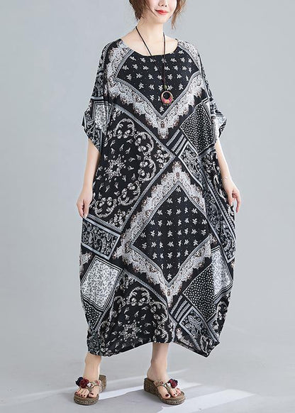 Women O Neck Summer Quilting Dresses Photography Black Print Traveling Dress - SooLinen