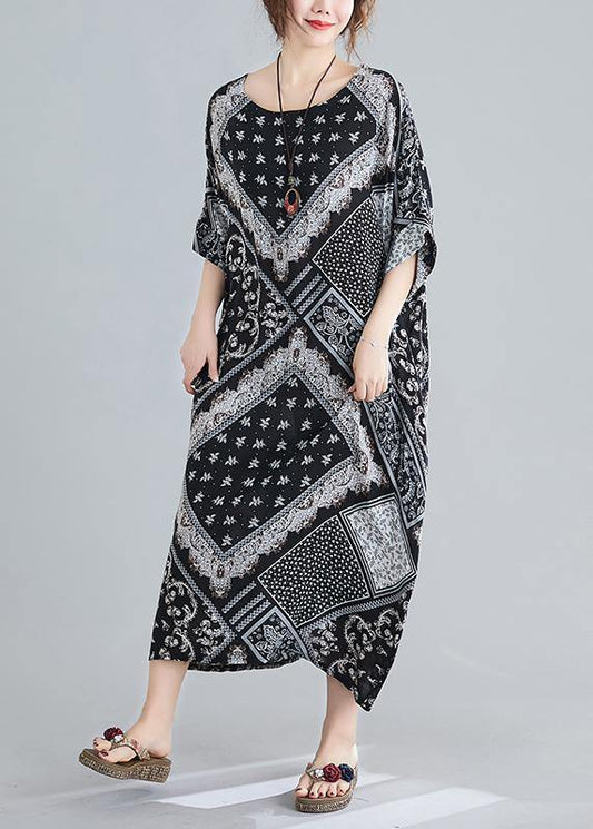 Women O Neck Summer Quilting Dresses Photography Black Print Traveling Dress - SooLinen