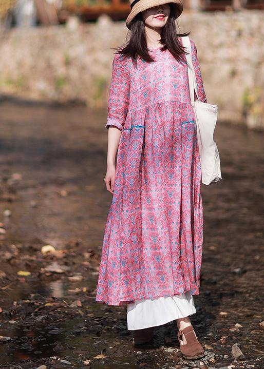 Women O-Neck Wrinkled Summer Tutorials Pink Print Dress - SooLinen