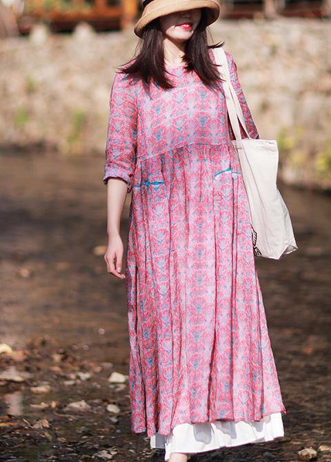 Women O-Neck Wrinkled Summer Tutorials Pink Print Dress - SooLinen