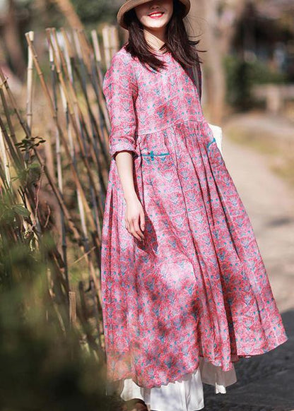 Women O-Neck Wrinkled Summer Tutorials Pink Print Dress - SooLinen