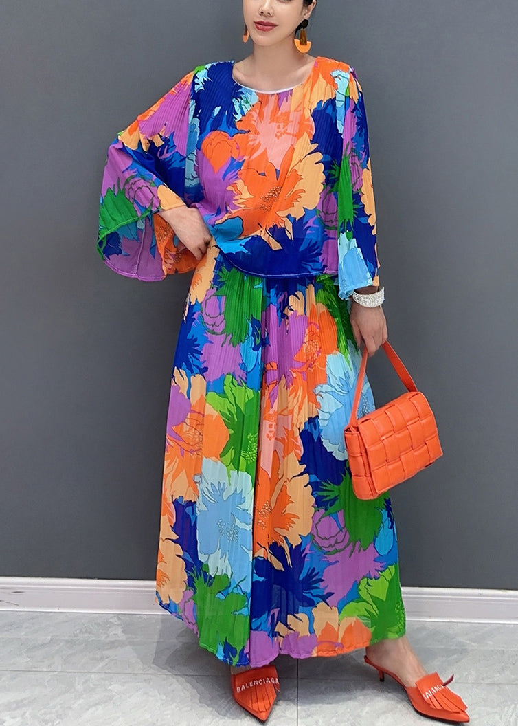 Women O-Neck Wrinkled T Shirts And Maxi Skirts Two Pieces Set Bracelet Sleeve