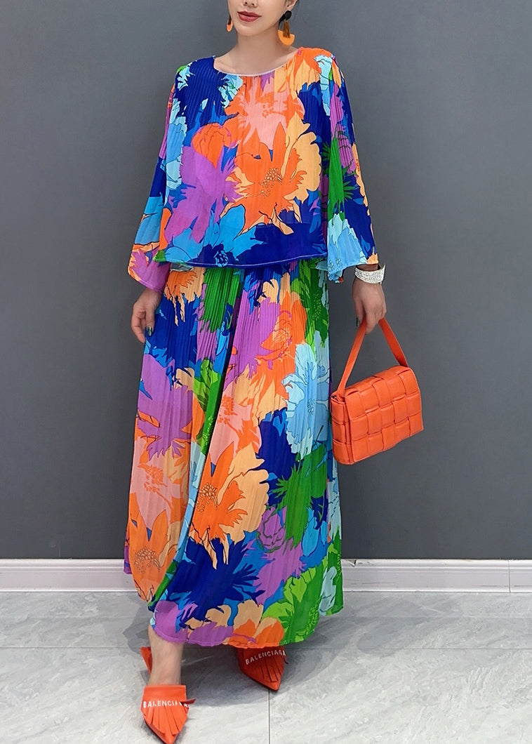 Women O-Neck Wrinkled T Shirts And Maxi Skirts Two Pieces Set Bracelet Sleeve