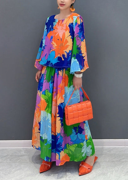 Women O-Neck Wrinkled T Shirts And Maxi Skirts Two Pieces Set Bracelet Sleeve