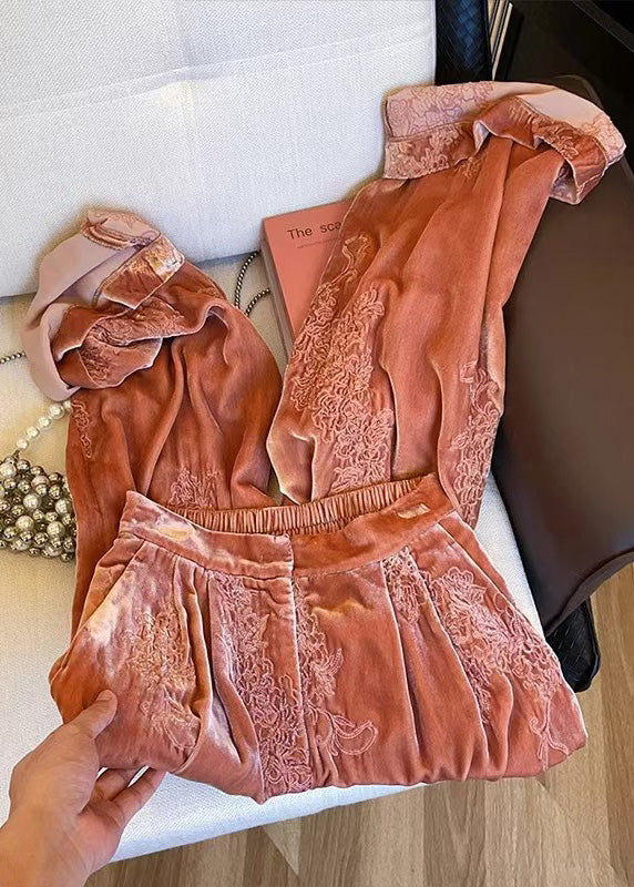 Women Orange Embroidered Elastic Waist Velvet Pants Spring