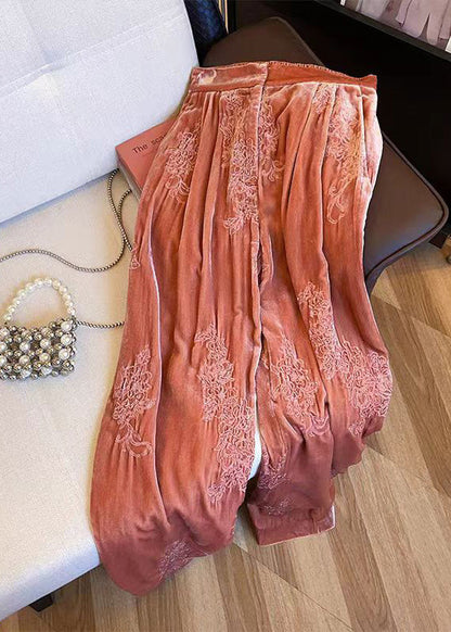 Women Orange Embroidered Elastic Waist Velvet Pants Spring