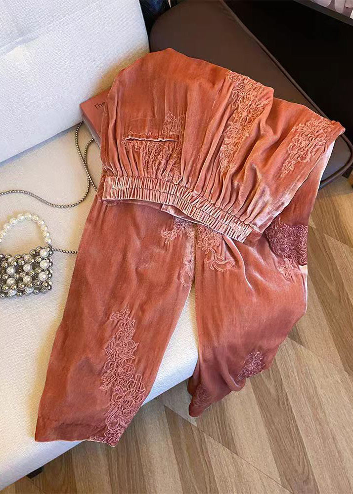 Women Orange Embroidered Elastic Waist Velvet Pants Spring