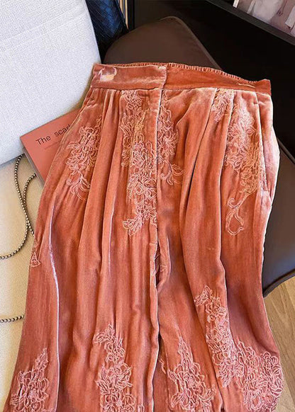 Women Orange Embroidered Elastic Waist Velvet Pants Spring