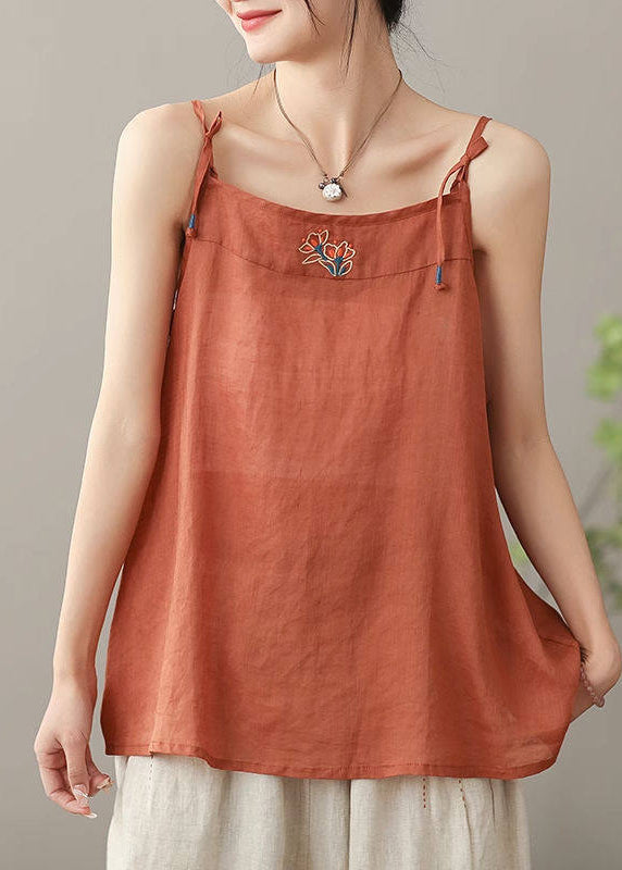 Women Orange Embroidered Linen Spaghetti Strap Top Summer