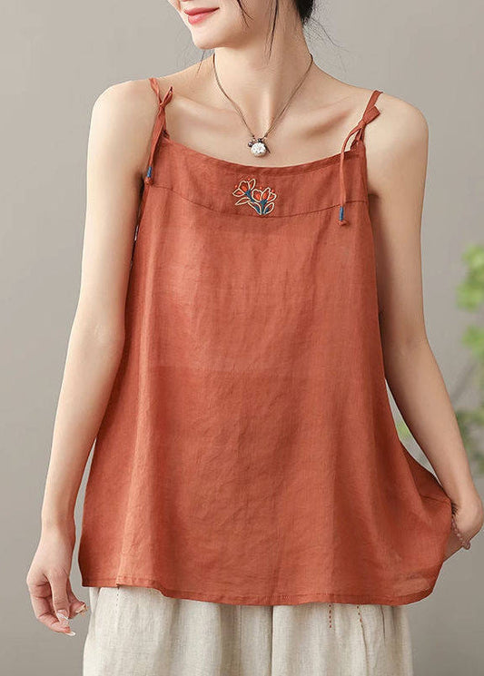Women Orange Embroidered Linen Spaghetti Strap Top Summer