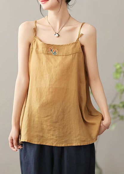 Women Orange Embroidered Linen Spaghetti Strap Top Summer