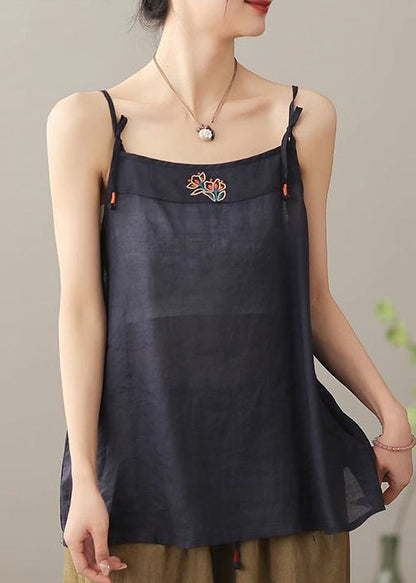 Women Orange Embroidered Linen Spaghetti Strap Top Summer
