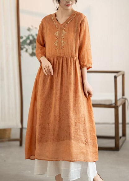 Women Orange Embroidered Patchwork Linen Dresses Summer
