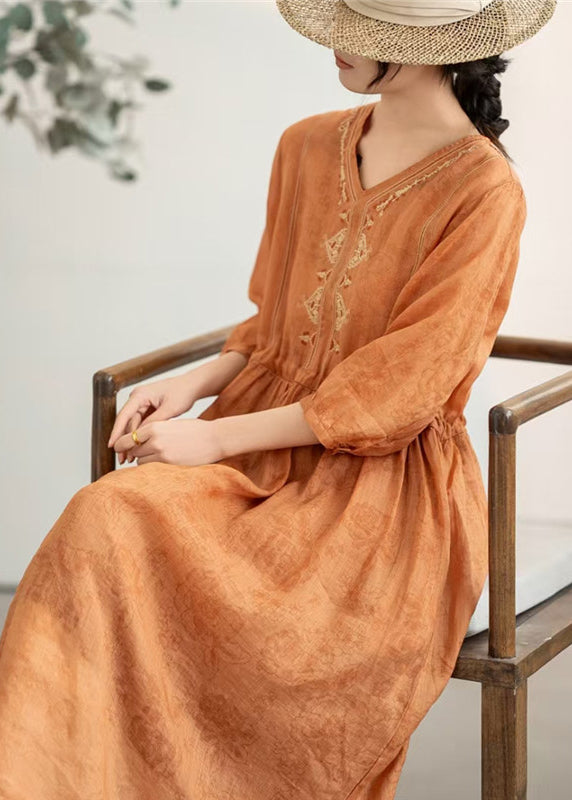 Women Orange Embroidered Patchwork Linen Dresses Summer
