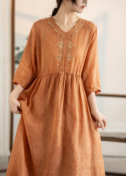 Women Orange Embroidered Patchwork Linen Dresses Summer