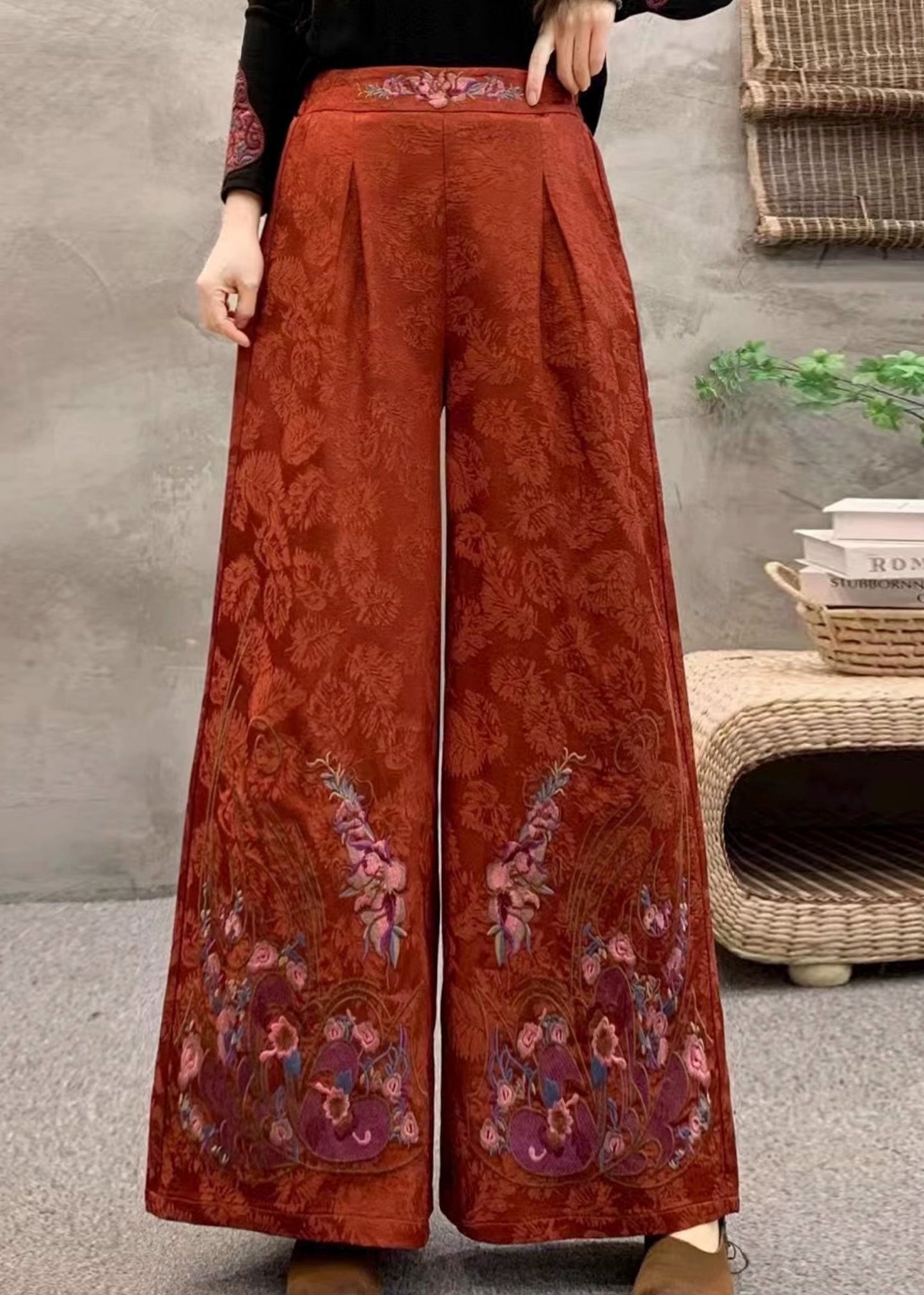 Damen-Fleecehose mit orangefarbenen, bestickten Taschen, warm, Winter