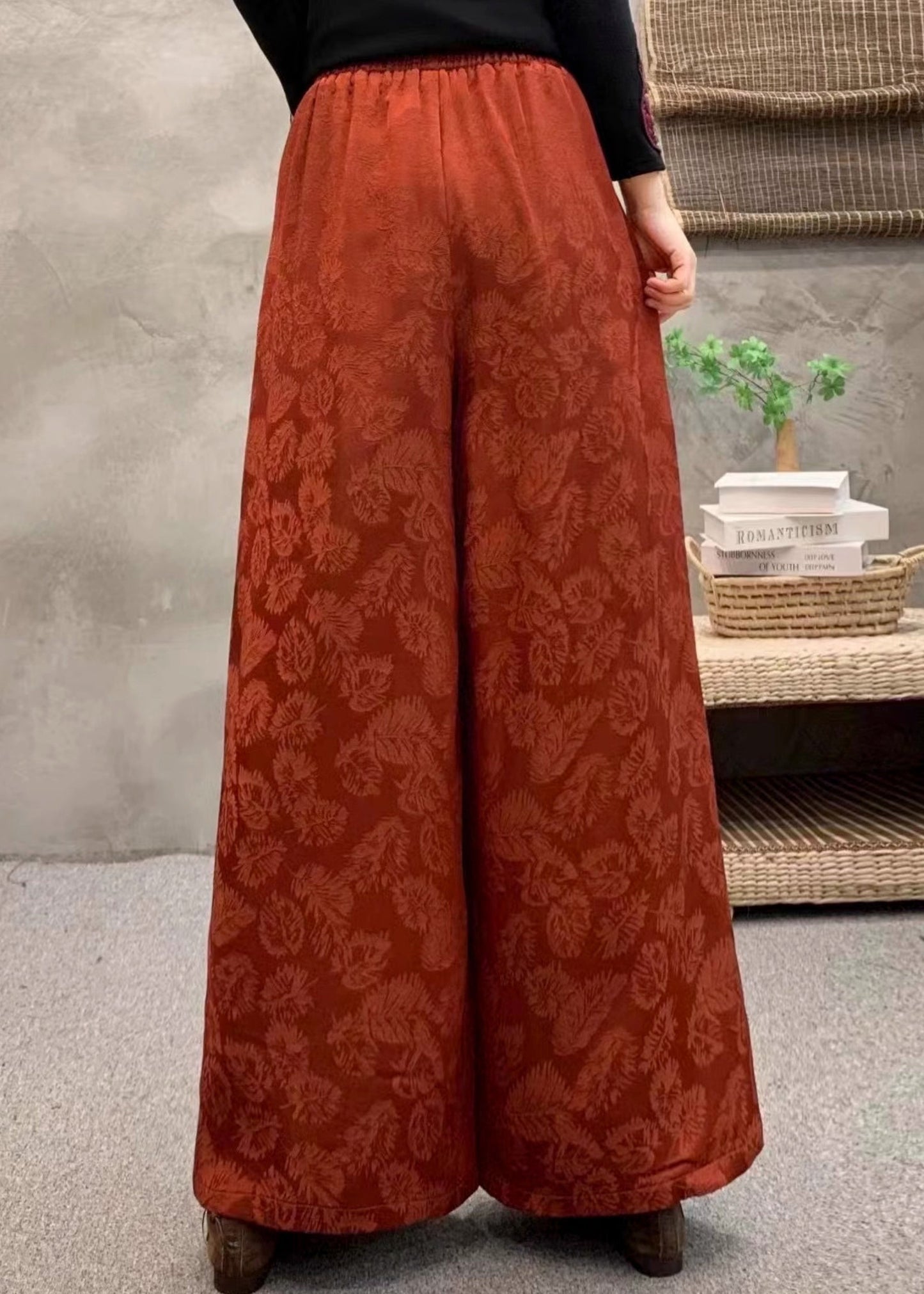 Damen-Fleecehose mit orangefarbenen, bestickten Taschen, warm, Winter