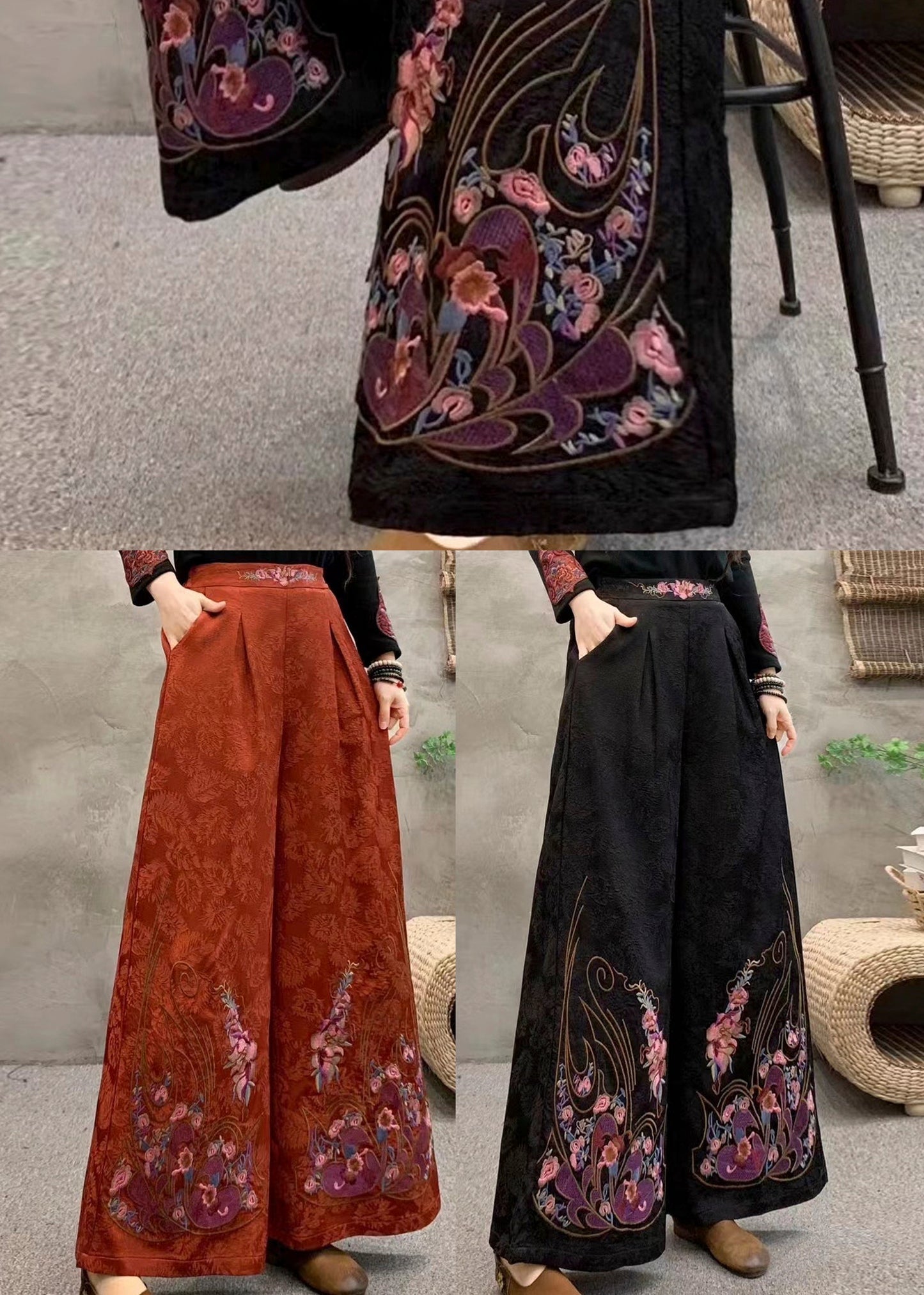 Damen-Fleecehose mit orangefarbenen, bestickten Taschen, warm, Winter