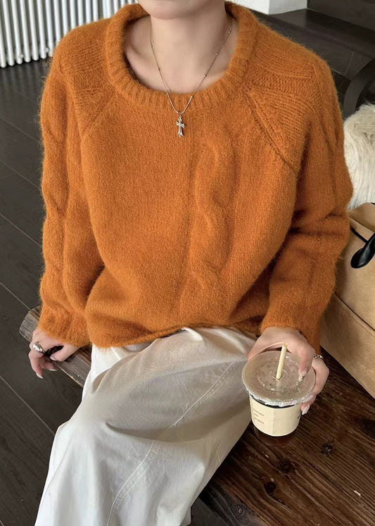 Women Orange O-Neck Oversized Thick Knit Sweater Winter