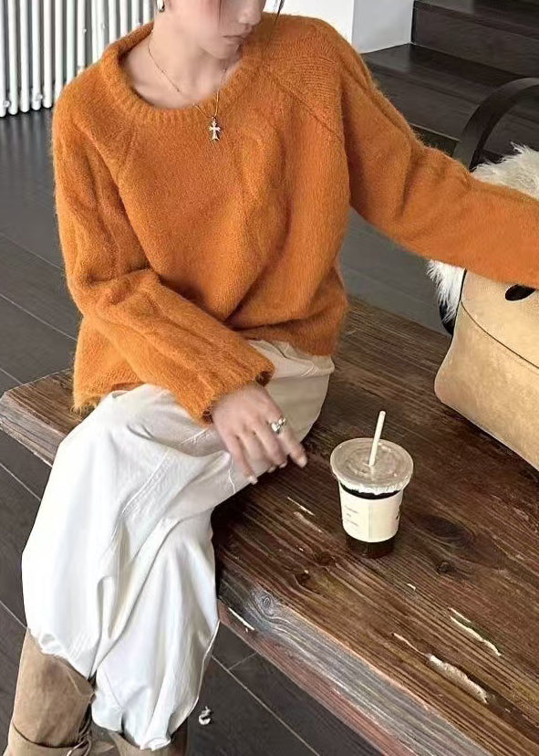 Women Orange O-Neck Oversized Thick Knit Sweater Winter