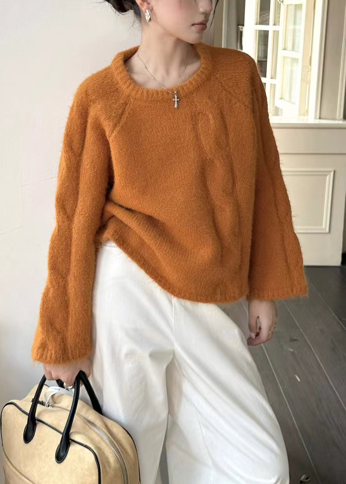 Women Orange O-Neck Oversized Thick Knit Sweater Winter