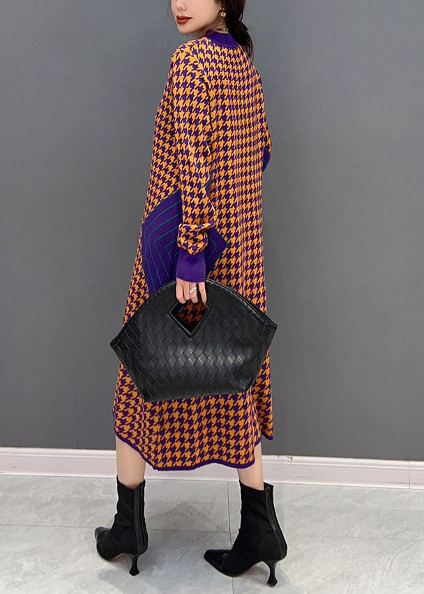 Frauen Orange O Neck Patchwork Strickkleid Winter