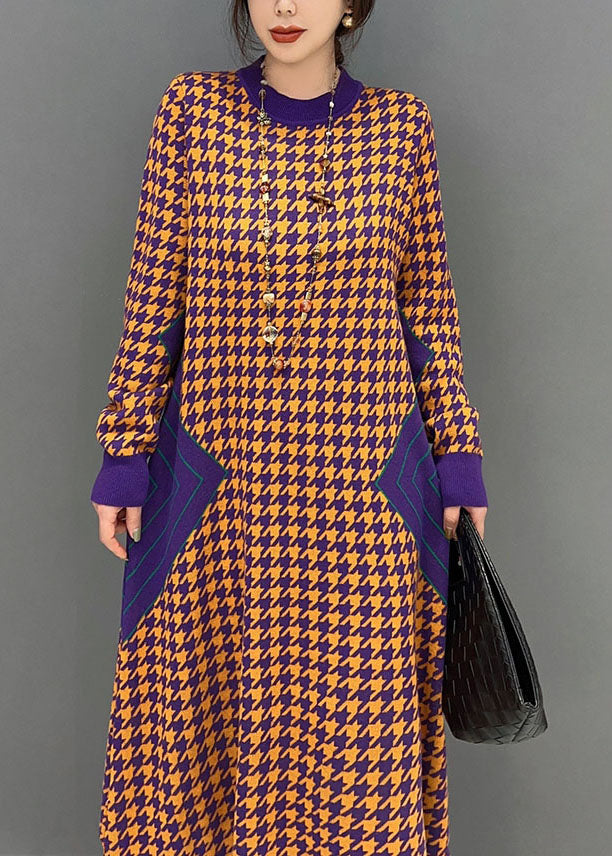 Frauen Orange O Neck Patchwork Strickkleid Winter