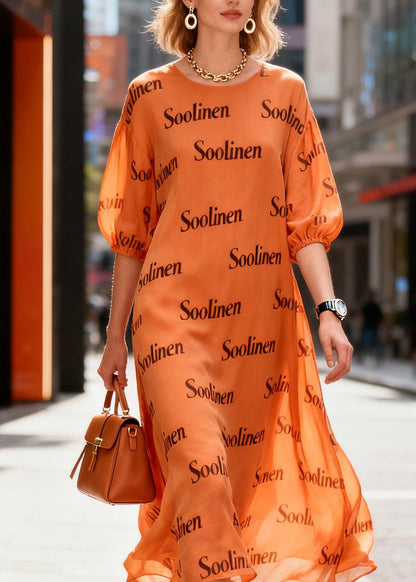 Women Orange O Neck Print Chiffon Dress Summer