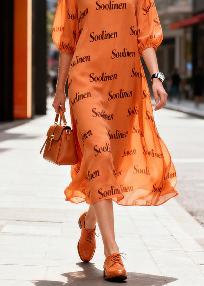 Women Orange O Neck Print Chiffon Dress Summer