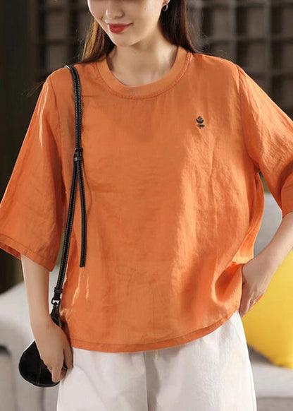 Women Orange O Neck Solid Linen T Shirts Half Sleeve