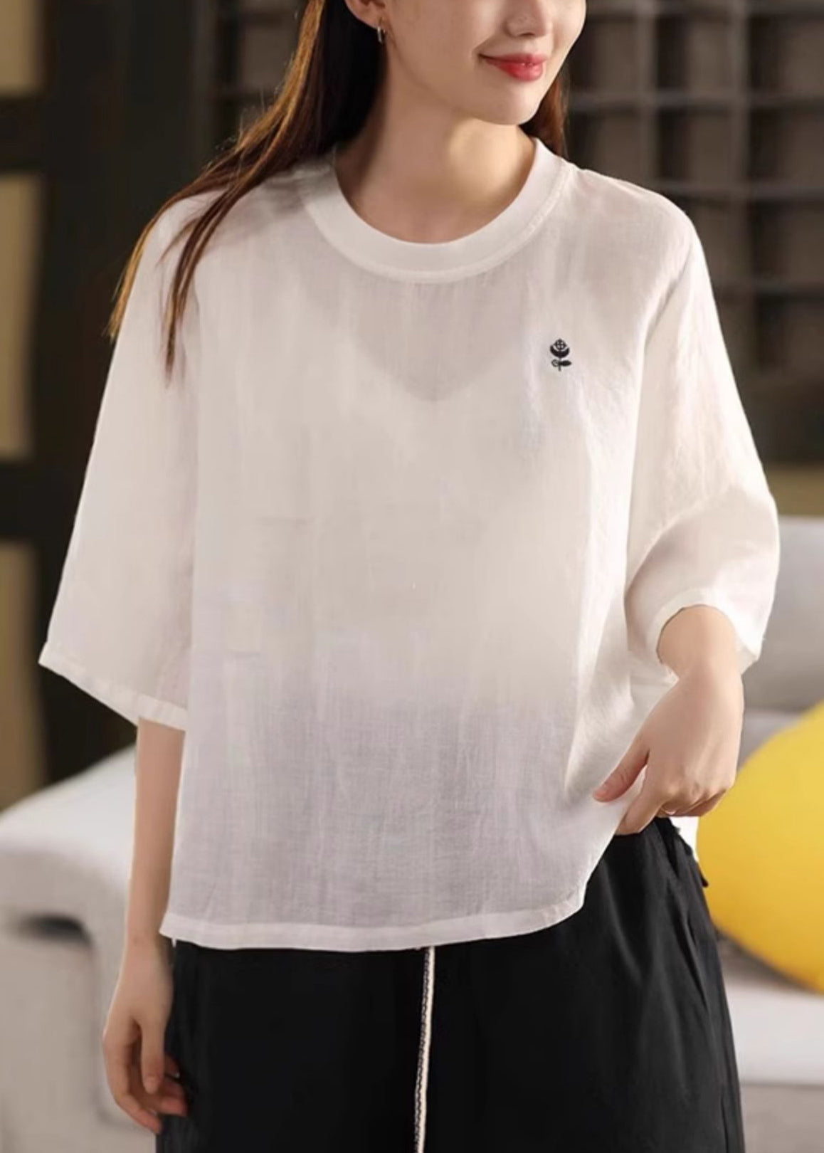 Women Orange O Neck Solid Linen T Shirts Half Sleeve