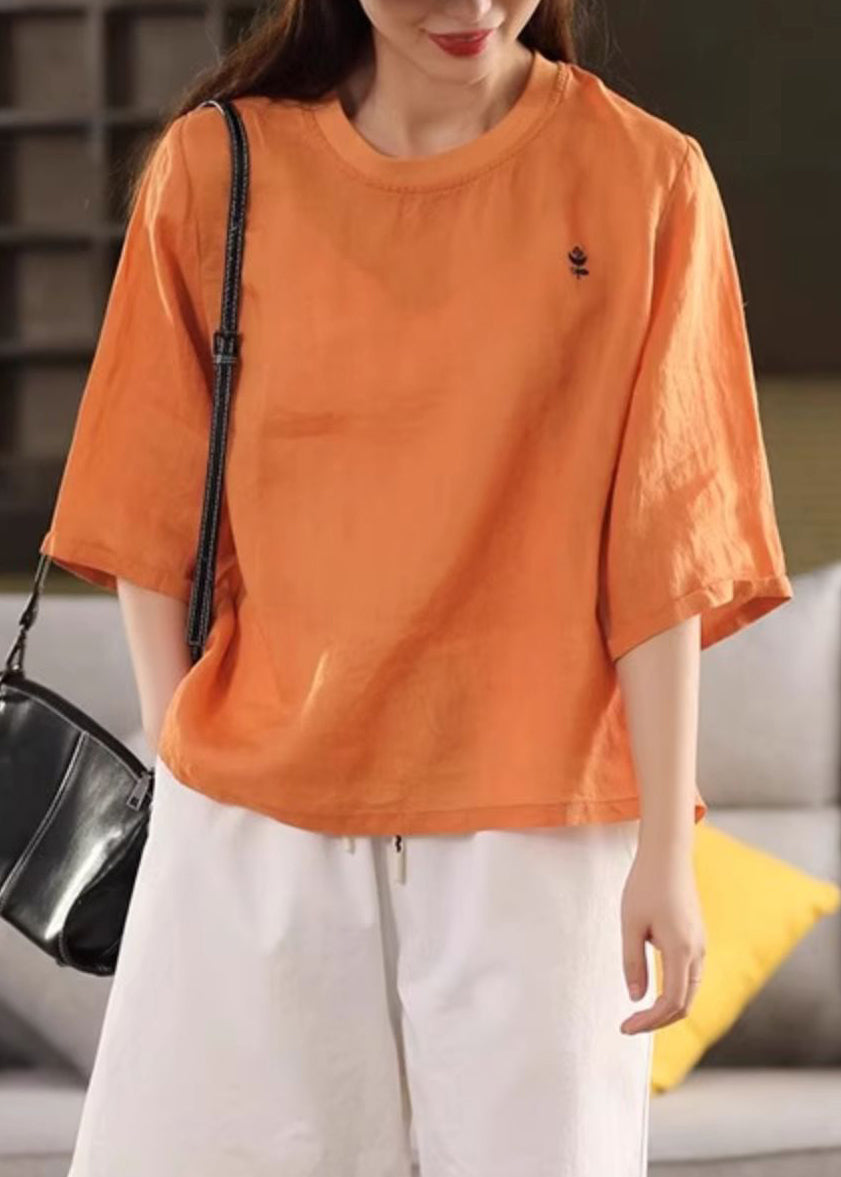 Women Orange O Neck Solid Linen T Shirts Half Sleeve